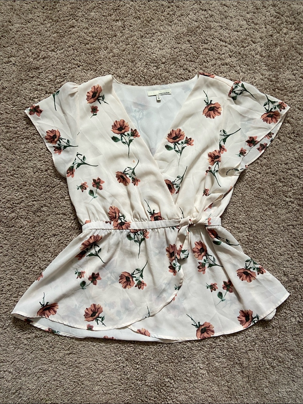 june & hudson Cream Floral Wrap Blouse with Rust Blooms